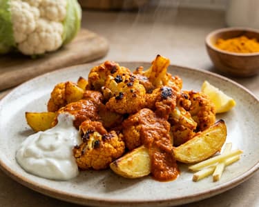 Pečený Tandoori květák s bramborovými čtvrtkami