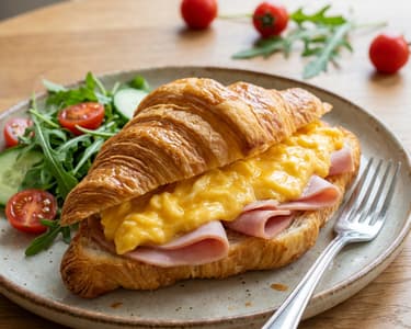 Croissant plněný krémovými míchanými vajíčky a šunkou