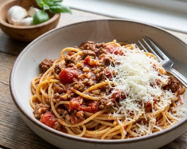 Špagety s rajčatovou omáčkou a mletým masem z jednoho hrnce