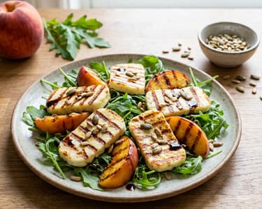 Salát s grilovaným sýrem halloumi a broskví