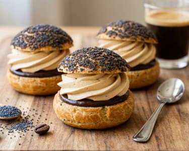 Coffee Choux Pastries with Poppy Seed Craquelin Layer