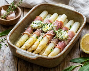 Bílý chřest zapečený s parmskou šunkou a bylinkovým máslem