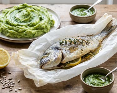 Pražma v papilotě s bramborovým pyré a bazalkovým pestem