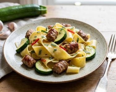 Pappardelle s čerstvou klobásou, cuketou a šalvějí