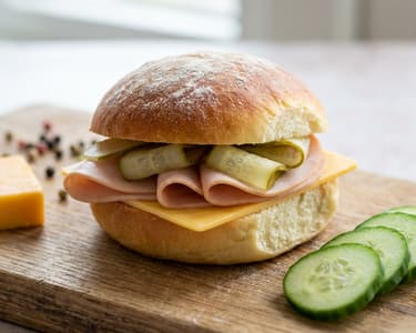 Homemade Butter Rolls with Turkey Ham, Cheddar, and Pickled Cucumber