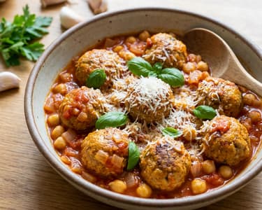 Hovězí kuličky s rajčatovou omáčkou
a cizrnou