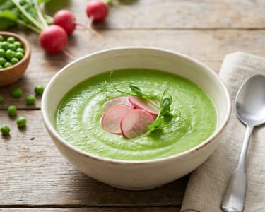 Krém ze zeleného hrášku s ředkvičkami