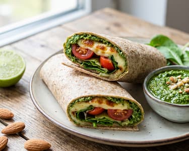 Wrap s grilovaným sýrem, špenátovým pestem a rajčaty
