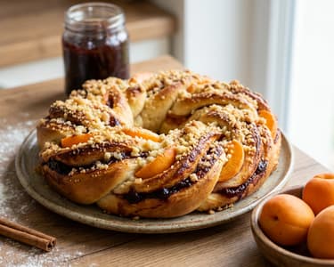 Kynutý pletencový koláč s drobenkou, povidly a meruňkami