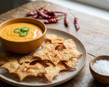 Halloween tortilla chips with cheddar dip