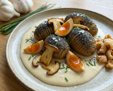 Potatoes in Ash with Roasted Garlic Sauce, Mushrooms, and Marinated Yolk