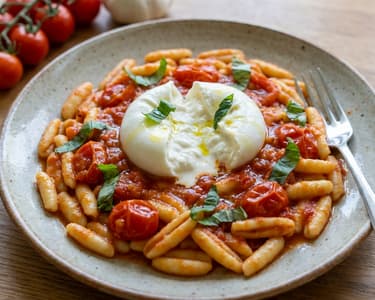 Pasta with burrata and tomatoes