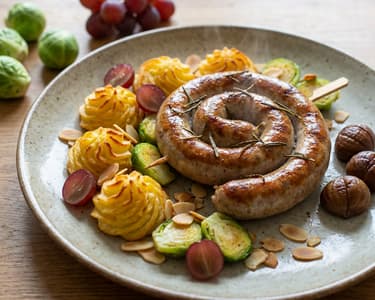 Vinná pečená klobása s bramborovými pusinkami