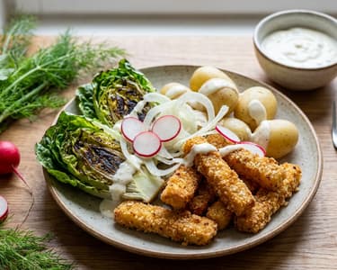 Carp Fries and Charred Caesar Salad with Potatoes and Fennel