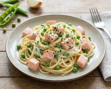 Smetanové těstoviny s lososem a hráškem