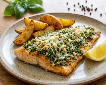 Okouník s bylinkovou krustou a pečenými bramborami