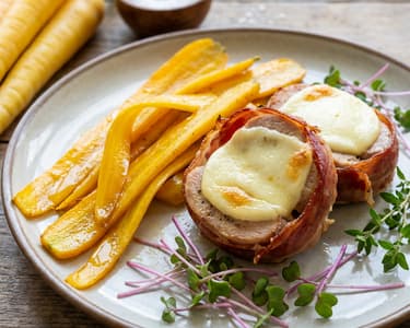 Turkey thigh steak with prosciutto and caramelized yellow carrots