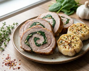 Vepřová roláda se špenátem a pečeným česnekem