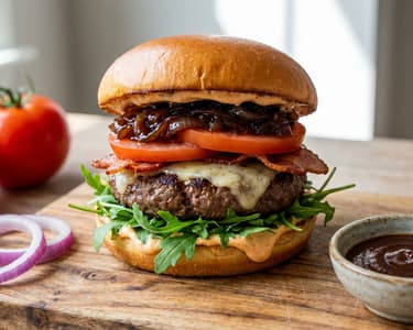 Hamburger na grilu s karamelizovanou cibulkou a uzenou majonézou