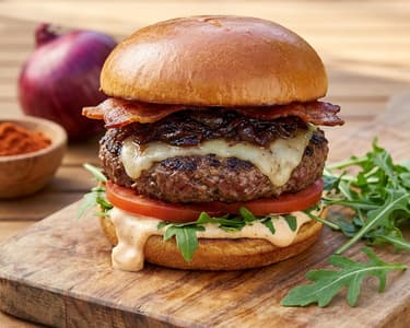 Hamburger na grilu s karamelizovanou cibulkou a uzenou majonézou