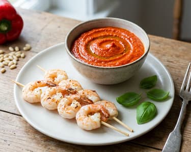 Červené pesto z grilovaných paprik s rajčaty a grilovanými krevetami