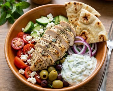 Greek Bowl with Grilled Meat and Tzatziki