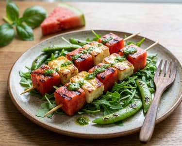 Grilled Melon with Halloumi Cheese and Sugar Snap Peas
