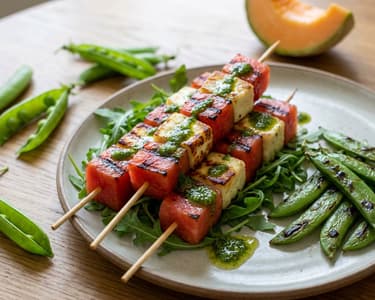 Grilovaný meloun s Halloumi sýrem a cukrovým hráškem