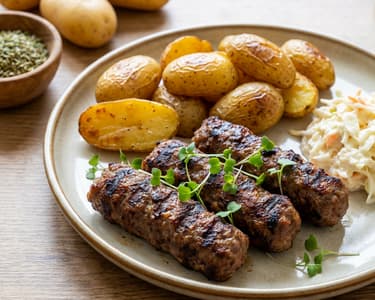 Čevabčiči with Roasted Potatoes and Coleslaw Salad