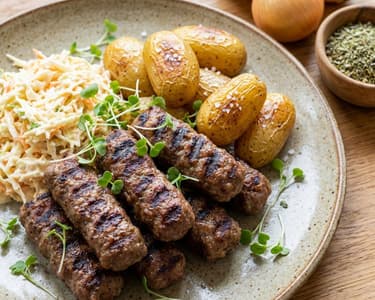 Čevabčiči s pečenými brambory a salátem Coleslaw