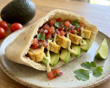 Pita bread filled with avocado, egg, and tomato salsa