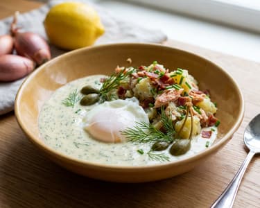 Dill Sauce, Trout, Light Potato Salad and Poached Egg