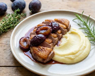 Duck breast, flambéed plums, smoked mashed potatoes