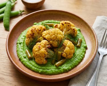 Hráškové pyré, pečený květák & nakládané lusky 