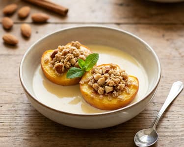 Peaches with Almond Crumble and Vanilla Glaze