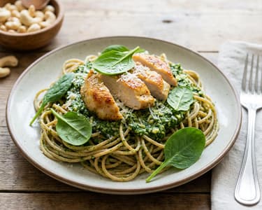Spaghetti with spinach pesto