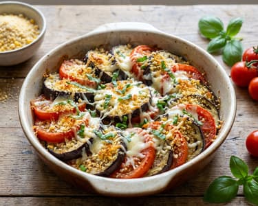 Zapečený lilek s rajčaty a parmazánovou strouhankou