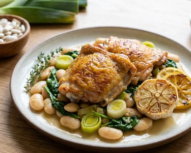 Chicken with leek, butter beans and spinach
