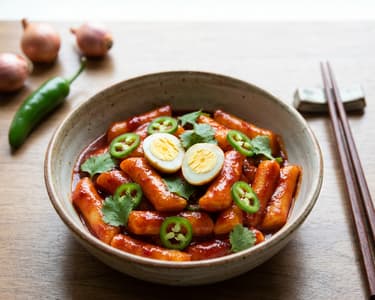 Spicy Tteokbokki with Quail Eggs, Shallots, and Jalapeño