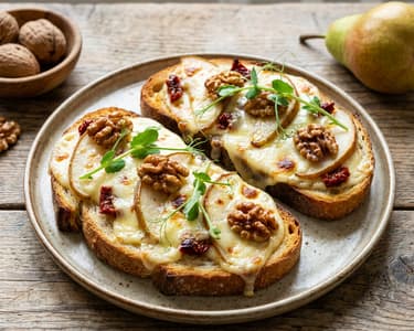 Toast with raclette, sun-dried tomatoes, and grilled pear