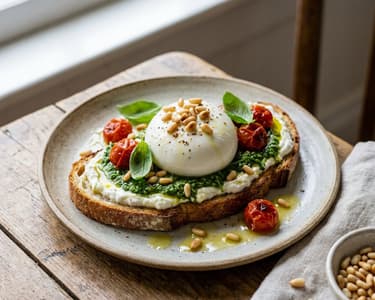 Fresh morning bread, pesto, burrata and pine nuts