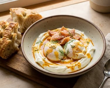 Turkish eggs with smoked trout and rosemary focaccia