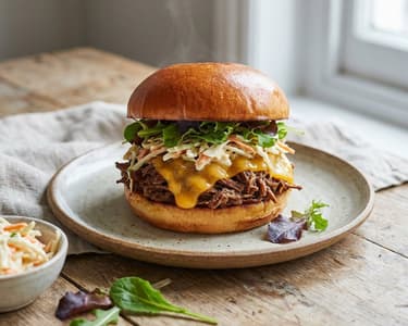 Hovězí trhaný burger se salátem coleslaw
