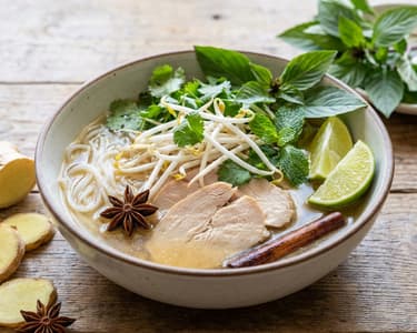Pho Soup with Turkey Meat and Herbs