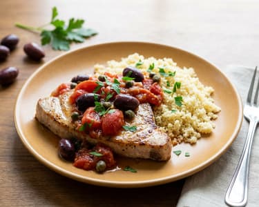 Mečoun s rajčaty, olivami a kapary