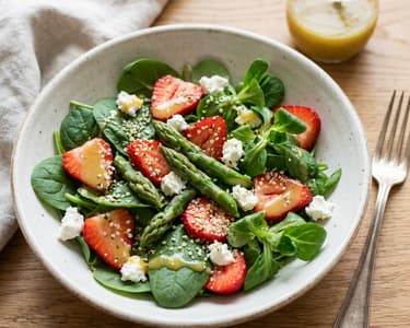 Jarní salát s jahodami, chřestem a kozím sýrem