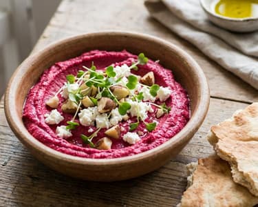 Beetroot Hummus with Goat Cheese and Brazil Nuts