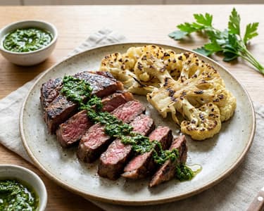 Steak s chimichurri a grilovaným květákem