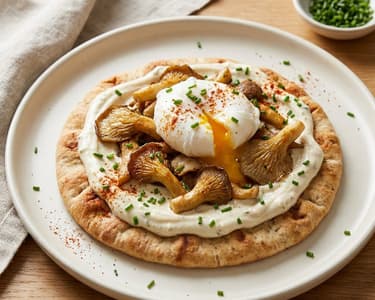 Flatbread s hlívou, dipem z konfitovaného česneku a pošírovaným vajíčkem