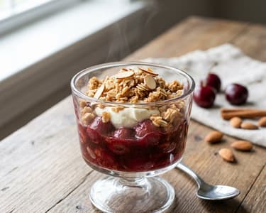 Teplé třešně s mascarpone a skořicovou drobenkou